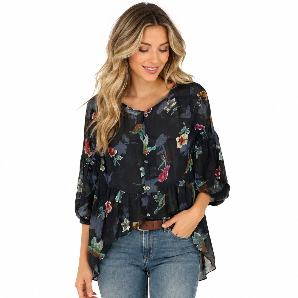 4 Love And Liberty Hummingbird Floral Blouse Black Silk Babydoll Boho Size S